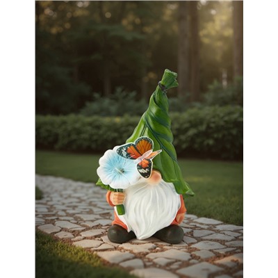 Садовая фигура из полистоуна «Гном с цветочком», 31.5×20×17 см, с подсветкой