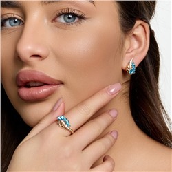 Комплект ювелирной бижутерии коллекция "Дубай" серьги и кольцо 17 р, покрытие позолота, вставка: фианиты и цирконы, цвет: голубой и прозрачный, арт.215.751-17