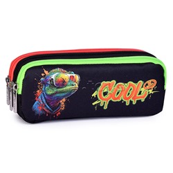 Пенал "Cool Lizard" 21x8,5x5,5 см, прямоугольный для 60 предметов, плотный износостойкий полиэстер с водоотталкивающей пропиткой, 3 отделения на молнии, с молниями 3-х цветов