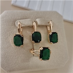 Комплект ювелирной бижутерии коллекция "Дубай" серьги, кулон и кольцо 17 р, покрытие позолота, вставка: стекло, цвет: изумрудный, арт.414.319-17