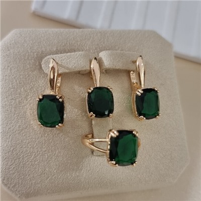 Комплект ювелирной бижутерии коллекция "Дубай" серьги, кулон и кольцо 19 р, покрытие позолота, вставка: стекло, цвет: изумрудный, арт.414.319-19