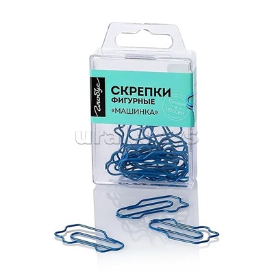Скрепки фигурные машинка L40 мм, 12 шт., пластик. коробка, европодвес синие