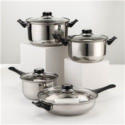 Набор посуды из нержавеющей стали «Чёрная ночь», 8 предметов: ковш 1.5 л, 2 кастрюли 2/3 л, сковорода d=24 см, крышки, стенки 0.3 мм, дно 5 мм