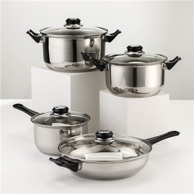 Набор посуды из нержавеющей стали «Чёрная ночь», 8 предметов: ковш 1.5 л, 2 кастрюли 2/3 л, сковорода d=24 см, крышки, стенки 0.3 мм, дно 5 мм