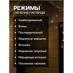 Гирлянда «Бахрома» 4×0.6 м, IP44, прозрачная нить, 180 LED, свечение тёплое белое, 8 режимов, 220 В