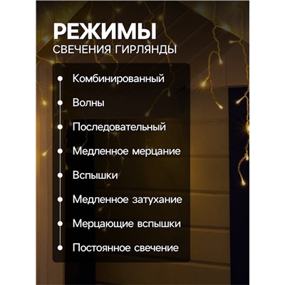 Гирлянда «Бахрома» 4×0.6 м, IP44, прозрачная нить, 180 LED, свечение тёплое белое, 8 режимов, 220 В