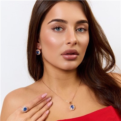 Комплект ювелирной бижутерии коллекция "Дубай" серьги, кулон и кольцо 19 р, покрытие позолота, вставка: фианиты, цвет: синий и прозрачный, арт.414.185-19