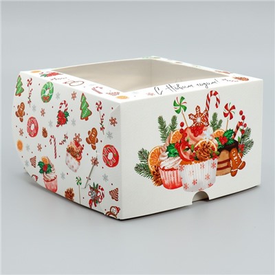 Коробка складная на 4 капкейка с окном «С Новым годом!», 16×16×10 см
