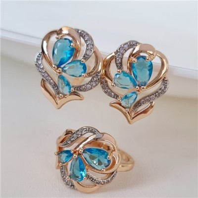 Комплект ювелирная бижутерия коллекция  "Дубай" серьги и кольцо 19 р, покрытие: позолота, вставка: фианиты, цвет: голубой, арт.217.281-19