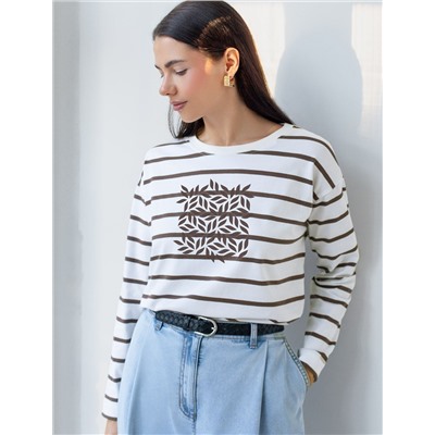 Лонгслив в полоску с принтом из премиального хлопка с эластаном