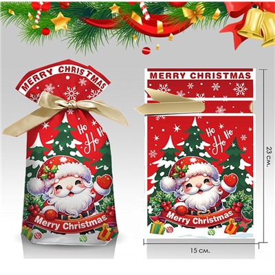 Пакет новогодний с атласной лентой для подарков и конфет 23*15 см. "Дед Мороз" Красный