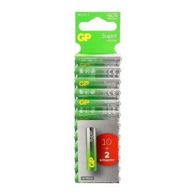 Батарейка алкалиновая GP Super, AAA, LR03-12BL, 1.5 В, блистер, 10+2 шт.