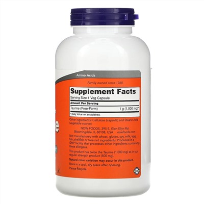 Now Foods, таурин двойной концентрации, 1000 мг, 250 растительных капсул