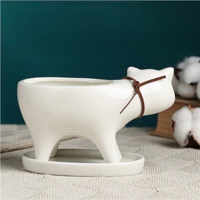 Декоративный горшок для цветов «Кошка», 250 мл, 15.5×7.5×9.5 см, с поддоном, керамика, белый, Greengo