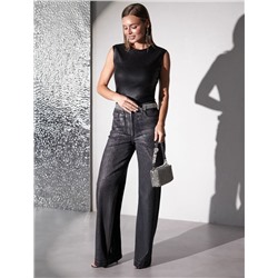 Топ с закрытым декольте из хлопка с эластаном в рубчик с матовым покрытием металлик