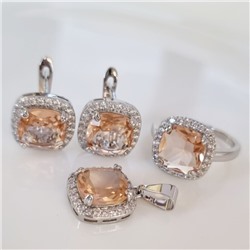 Комплект ювелирная бижутерия серьги, кулон и кольцо 17 р, покрытие: посеребрение, вставка: фианит, цвет: бежевый и прозрачный, арт.313.109-17