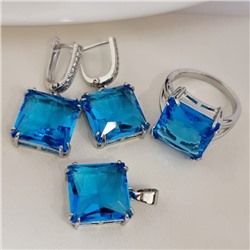 Комплект ювелирной бижутерии серьги, кулон и кольцо 18 р, покрытие посеребрение, вставка: фианит, цвет: голубой, арт.313.152-18