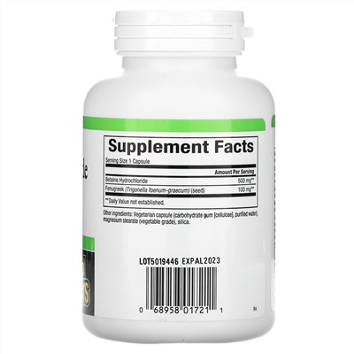 Natural Factors, бетаина гидрохлорид с пажитником, 500 мг, 180 вегетарианских капсул