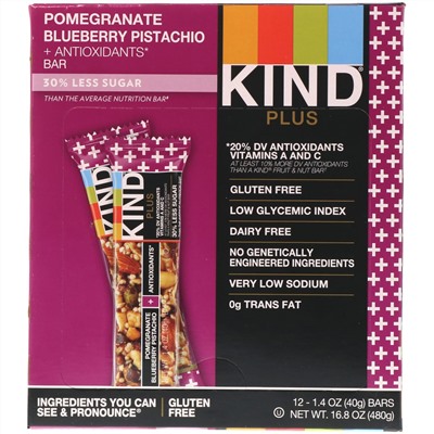 KIND Bars, Батончики Plus, гранат, фисташки, черника + антиоксиданты, 12 батончиков, 1,4 унции (40 г) каждый