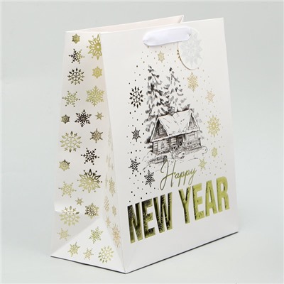 Пакет подарочный новогодний ламинированный, конгревное тиснение «Новогодний домик», ML 23×27×11.5 см