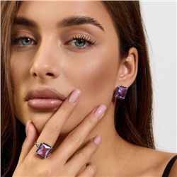 Комплект ювелирной бижутерии коллекция "Дубай" серьги и кольцо 17 р покрытие посеребрение, вставка: стекло и цирконы, цвет: фиолетовый и черный, арт.215.540-17