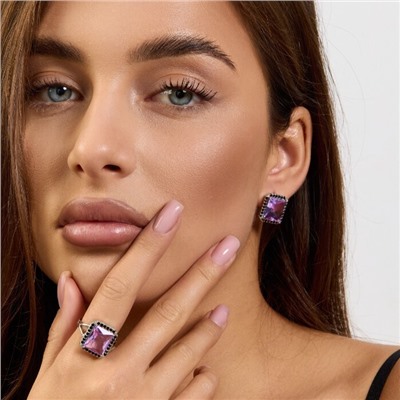 Комплект ювелирной бижутерии коллекция "Дубай" серьги и кольцо 18 р покрытие посеребрение, вставка: стекло и цирконы, цвет: фиолетовый и черный, арт.215.540-18