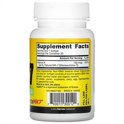Jarrow Formulas, MK-7, самая активная форма витамина K2, 180 мкг, 30 мягких таблеток