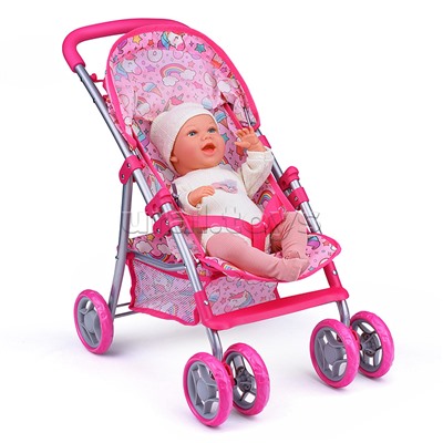 Коляска для кукол, металлическая, складная, прогулочная, со столиком, с тентом, с корзиной, в пакете