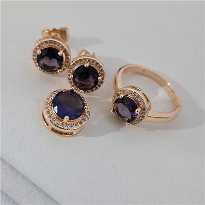 Комплект ювелирной бижутерии коллекция "Дубай"серьги, кулон и кольцо 19 р, покрытие позолота, вставка: фианиты, цвет: фиолетовый и прозрачный, арт.313.261-19