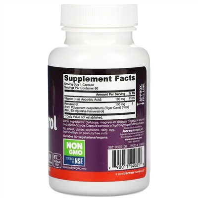 Jarrow Formulas, ресвератрол, 100 мг, 60 вегетарианских капсул