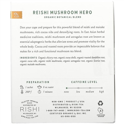 Rishi Tea, Organic Botanical Blend, Reishi Mushroom Hero, 15 Sachets, 1.64 oz (46.5 g)