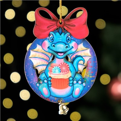 Ёлочная игрушка «Дракон в синем шарике», ламинация, 73×95 мм