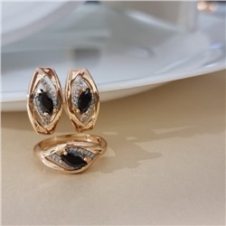 Комплект ювелирной бижутерии коллекция "Дубай" серьги и кольцо 17 р, покрытие позолота, вставка: фианиты и цирконы, цвет: черный и прозрачный, арт.215.681-17