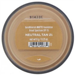 bareMinerals, Matte, тональная основа, SPF 15, оттенок «Нейтральный загорелый 21», 6 г