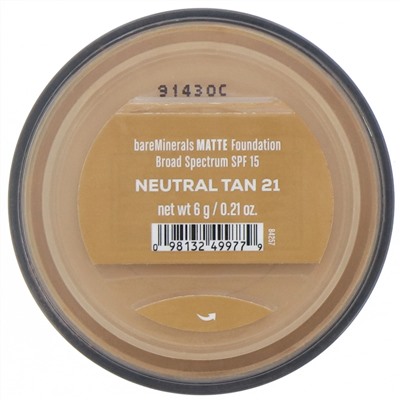 bareMinerals, Matte, тональная основа, SPF 15, оттенок «Нейтральный загорелый 21», 6 г