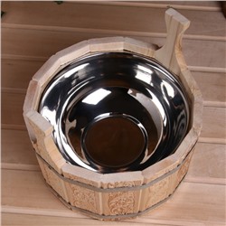 Шайка - таз для бани и сауны «Русский узор», 5 л, деревянная, нержавеющая вставка, «Добропаровъ»