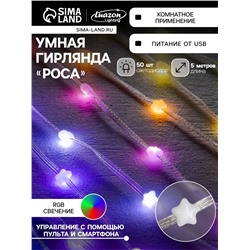 Умная гирлянда «Нить» 5 м роса с насадками «Звёздочки», IP20, серебристая нить, 50 LED, пульт ДУ, приложение, свечение RGB, USB