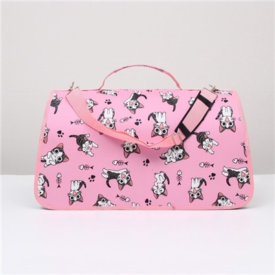 Сумка - переноска каркасная «Играющие котики», размер L, 53×21×29 см, розовая