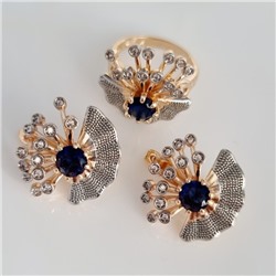 Комплект ювелирная бижутерия коллекция  "Дубай" серьги и кольцо 18 р, покрытие: позолота, вставка: фианит, цвет: синий и прозрачный, арт.313.113-18