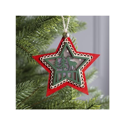 Ёлочная игрушка «Красная звезда с оленем», 10×10×2 см, 4 LED, от батареек, свечение тёплое белое
