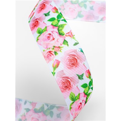 Лента репсовая «Розы», 25 мм, 18±1 м, белая, розовая