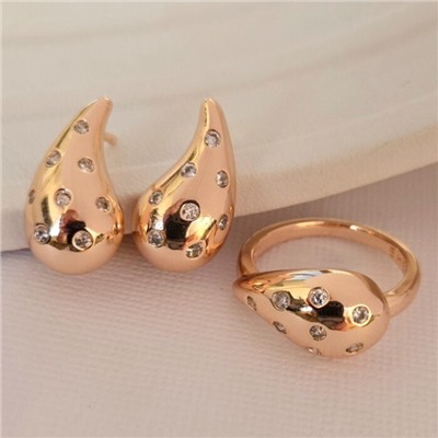 Комплект ювелирной бижутерии коллекция "Дубай" серьги и кольцо 19 р в форме капли, покрытие позолота, вставка: цирконы, цвет: прозрачный, арт.414.058-19