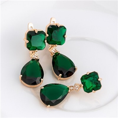 Комплект ювелирной бижутерии коллекция "Дубай" серьги и кулон, покрытие позолота, вставка: фианиты, цвет: зеленый, арт.414.032