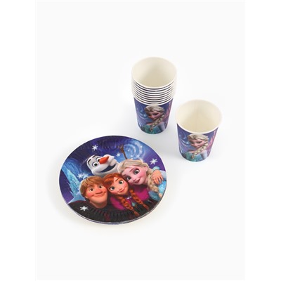 Посуда одноразовая бумажная на 10 персон: стаканы, тарелки, скатерть, Холодное сердце