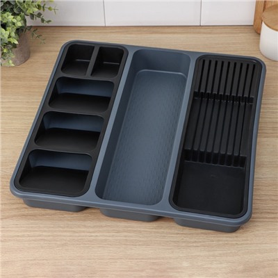 Лоток для столовых приборов и ножей FOLYlife, 40×5.1 см, 7 отделений, пластик, серый, чёрный