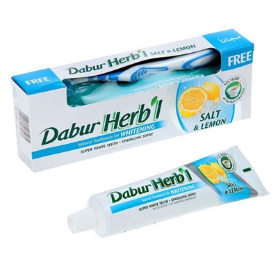 Dabur Herb'l Toothpaste Salt & Lemon with Toothbrush / Дабур Зубная Паста Отбеливающая с Солью и Лимоном + Зубная Щётка Ср. Жесткости 150 г