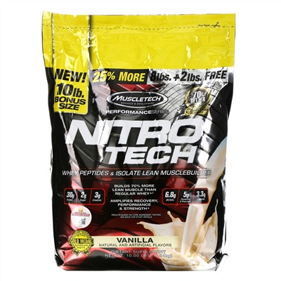 Muscletech, Performance Series, Nitro Tech, Whey Peptides & Isolate Lean Musclebuilder, Vanilla, 10 lbs (4.54 kg)