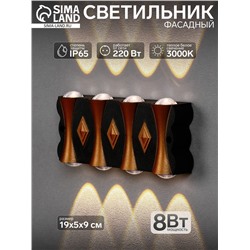 Светильник фасадный «Глосс», 8 Вт, 3000К, 4 луча, IP65, 220 В, пластиковый корпус, чёрный, свечение тёплое белое