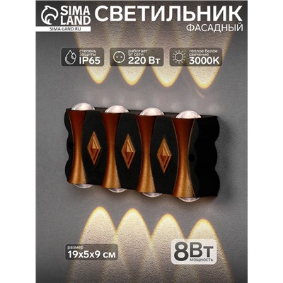 Светильник фасадный «Глосс», 8 Вт, 3000К, 4 луча, IP65, 220 В, пластиковый корпус, чёрный, свечение тёплое белое
