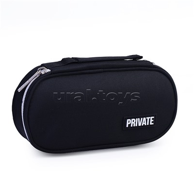 Пенал "Private" 21x10x6 см, овальный для 60 предметов, с внутренним органайзером-тройной створкой, с ручкой для переноски, текстильный с каучуковой аппликацией, на молнии, черный